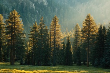 Poster - Sunlight Filtering Through Tall Pine Trees in a Forest Clearing