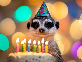 Teenage Meerkat with a party hat blowing out the candles on a birthday cake