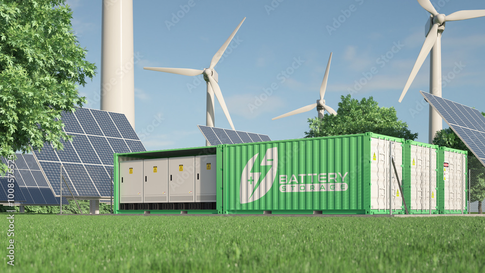 Renewable energy from wind turbines and solar panels stored in ...