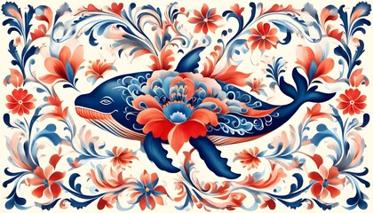 Wall Mural - Whale adorned with intricate floral motifs and swirling patterns against a white backdrop