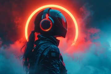 A futuristic figure wearing a sleek helmet and headphones stands against a vivid red and blue backdrop, creating an atmosphere of mystery, Ideal for tech, sci-fi, and music-related projects,