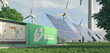 © Negro Elkha - Renewable energy from wind turbines and solar panels stored in batteries. Realistic 3d render.