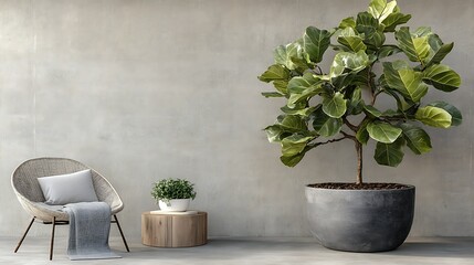 Wall Mural - Modern interior with a large potted plant and seating.