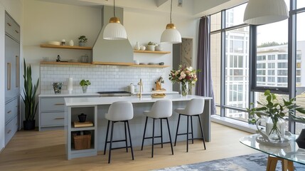 Modern composition of kitchen space with design kitchen island, black hookers, grey table, flowers, furnitures, big window and elegant personal accessories. Stylish home decor.