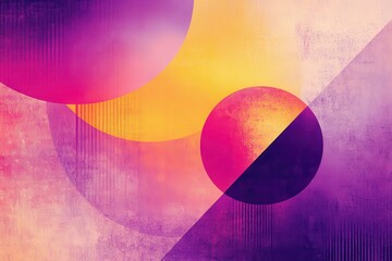 Poster - Abstract sphere design with a textured purple, pink, and yellow background featuring geometric shapes and grainy noise elements