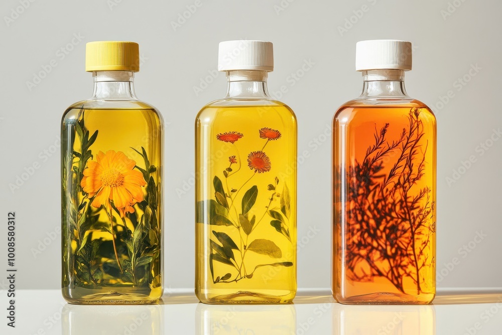 Four bottles of cooking oil crafted from plastic arranged on a ...