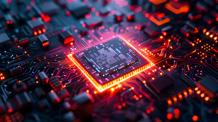 Poster - The newest chip, accelerator, quantum computer processor, illustration. photonic light processor of the future