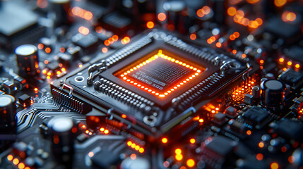 Poster - The newest chip, accelerator, quantum computer processor, illustration. photonic light processor of the future