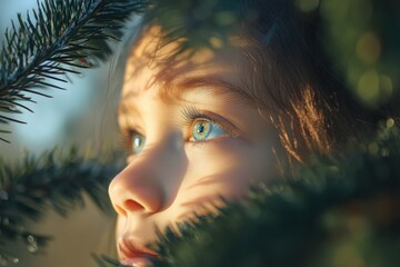 Wall Mural - A Close-Up of a Child's Eye Gazing Through Pine Needles