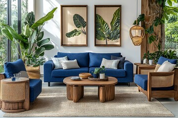 Wall Mural - Modern living room with blue furniture and greenery.