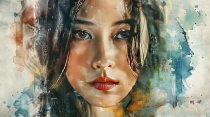 Artistic watercolor portrait of a beautiful Asian woman.