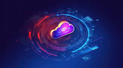 Poster - A futuristic digital network overlay displaying online banking and financial services data, with cloud icons and financial transaction information, symbolizing secure exchanges.