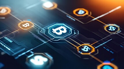 Poster - A futuristic digital network showcasing cryptocurrency exchange data, with floating icons of money and cloud symbols, representing modern banking on digital platforms.