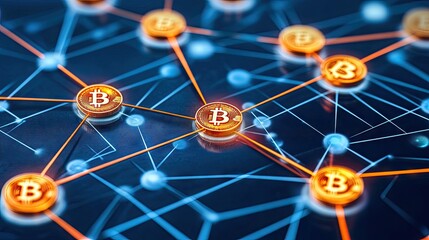 Poster - A futuristic financial dashboard showing cryptocurrency exchanges, with digital gold coins floating in the air and connected by cloud networks for online banking.
