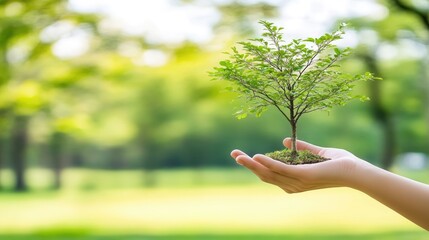 Poster - A futuristic robotic hand carefully holding a small, growing tree, symbolizing the combination of technology, AI, and sustainable investment in environmental conservation.