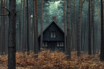 Sticker - A Dark Wooden Cabin Hidden in a Foggy Forest