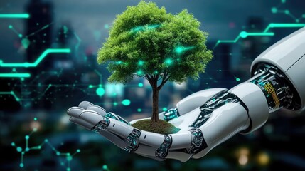 Poster - A futuristic robotic hand gently holding a small tree, representing the integration of AI in sustainable investments and the concept of eco-conscious financial growth.