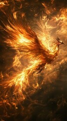 Wall Mural - Phoenix soaring, magical sky, its feathers brilliant, dark gold tones, wings spread out, flames swirling, mysterious light, surreal style, panoramic view, telephoto lens, soft light, dynamic blur, dre