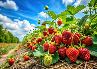 Poster - Lush Strawberry Patch with Ripe Red Berries Ready for Harvest in a Sunny Garden Environment