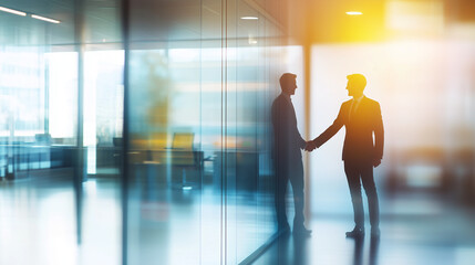 Two businessmen shaking hands in a modern office, symbolizing a successful merger and collaboration, professional handshake in corporate environment.