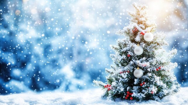 A minimalistic white Christmas banner with delicate snowflakes and hanging ornaments in white, featuring a Christmas tree with a snowy background. Perfect for holiday cards.