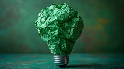 
A corporate responsibility concept showing a green lightbulb made from crumpled paper, symbolizing eco-friendly business solutions.