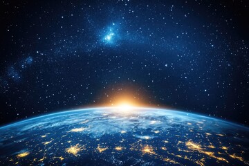Wall Mural - night view of earth from space, glowing lights on the horizon.
