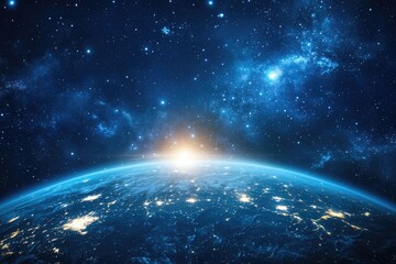 Wall Mural - space background with the blue earth planet illuminated by the night sky.