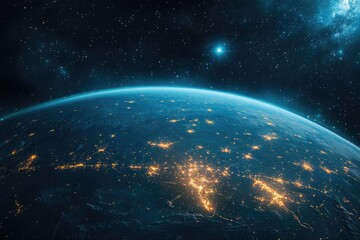 Wall Mural - space background with the blue earth planet illuminated by the night sky.
