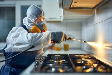 photo of a young male exterminator worker in a mask spraying insecticide chemical in a kitchen to control pests.