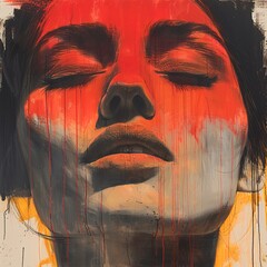 Canvas Print - Close-Up Portrait of a Woman with Red and Orange Paint Dripping