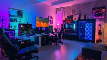 Poster - Gaming PC case with tempered glass side window, colorful RGB-lit components on display, high-end hardware for an ultimate gaming setup