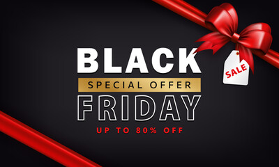 Wall Mural - Banner with 3d bright red gift bow and hanging on a string price tag with text SALE, Black Friday, Up to 80% off. Shopping poster, ad card as a present wrap package with silk ribbon and discount label