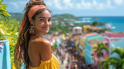 Beautiful tourist smiling with colorful caribbean island in background