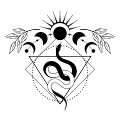 A magical snake. A mystical symbol with a snake and a moon. Phases of the moon. Tarot cards. Fortune telling and magic. The snake of the Eastern calendar. Vector illustration.