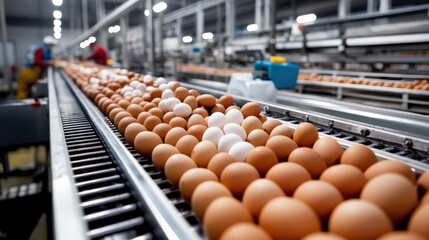 Poster - Fresh eggs of various sizes are being systematically sorted on a conveyor belt in a bustling poultry processing facility, highlighting the care in handling each one