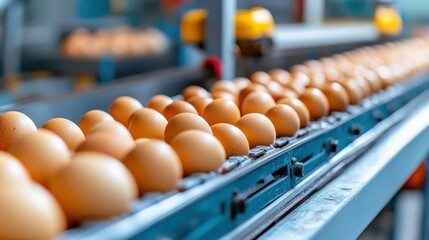 Poster - A close-up view reveals fresh eggs being sorted on a conveyor belt in a bustling processing facility. The focus is on the meticulous handling of these eggs