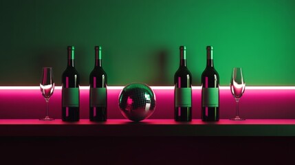 A vibrant pink and green neon light casts a glow on four wine bottles, two glass and a disco ball placed on a modern shelf. The scene exudes a party atmosphere and contemporary design.