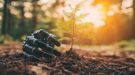 Poster - A robotic hand cradling a tree sapling, illustrating the concept of AI-driven growth in sustainable investments and environmental protection through advanced technology.