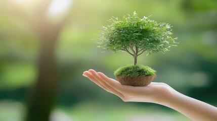 Poster - A robotic hand holding a flourishing green tree, symbolizing the growth of environmentally sustainable investments through technological innovation and AI.