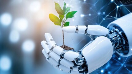 Poster - A robotic hand cradling a tree sapling, illustrating the concept of AI-driven growth in sustainable investments and environmental protection through advanced technology.