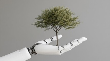 Poster - A robotic hand holding a flourishing green tree, symbolizing the growth of environmentally sustainable investments through technological innovation and AI.