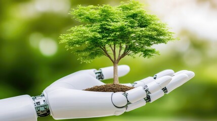 Poster - A robotic hand with a growing tree in its palm, showcasing the idea of sustainable growth in environmental conservation using AI and innovative technologies.