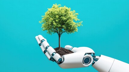 Poster - A robotic hand with a growing tree in its palm, showcasing the idea of sustainable growth in environmental conservation using AI and innovative technologies.