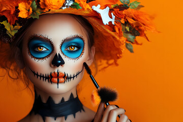 Canvas Print - Putting on holiday helloween makeup on a creepy orange background.