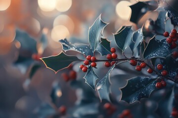 Wall Mural - Close-up of Holly Branch with Red Berries and Spiky Green Leaves