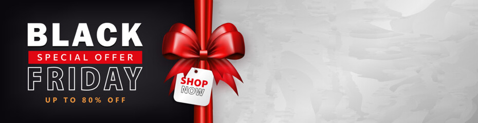 Wall Mural - Panoramic sale banner with 3d red gift bow and price tag with promo and copy space for BLACK FRIDAY event. Header, wallpaper with silk ribbon and discount label with special offer for online shopping
