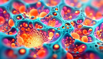 Canvas Print - Vibrant 3D Cell Illustration Against Bokeh Background, Celebrating the Wonder of Microscopic Science