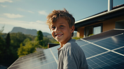 portrait of a Caucasian smiling boy 8-10 years old standing near a house with solar generators on the roof. modern houses with energy saving systems