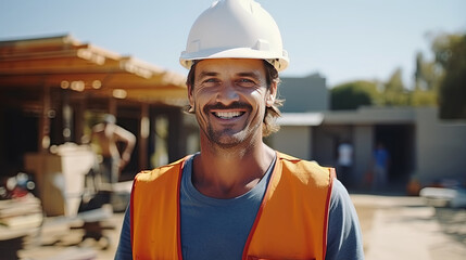 portrait of a smiling Caucasian builder worker in a white helmet looking at the camera while at a construction site